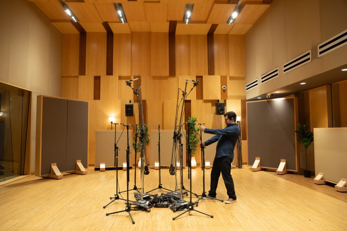 Justin Gray setting up an immersive microphone array